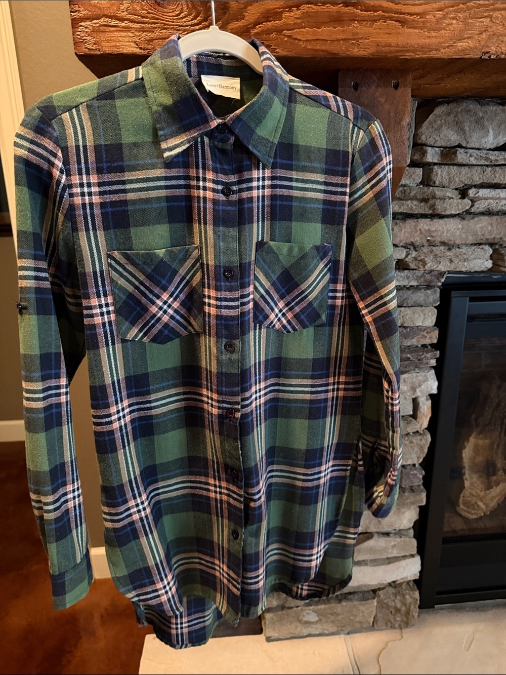 Green, Navy & Pink Plaid Button-Down Shirt/Tunic Length